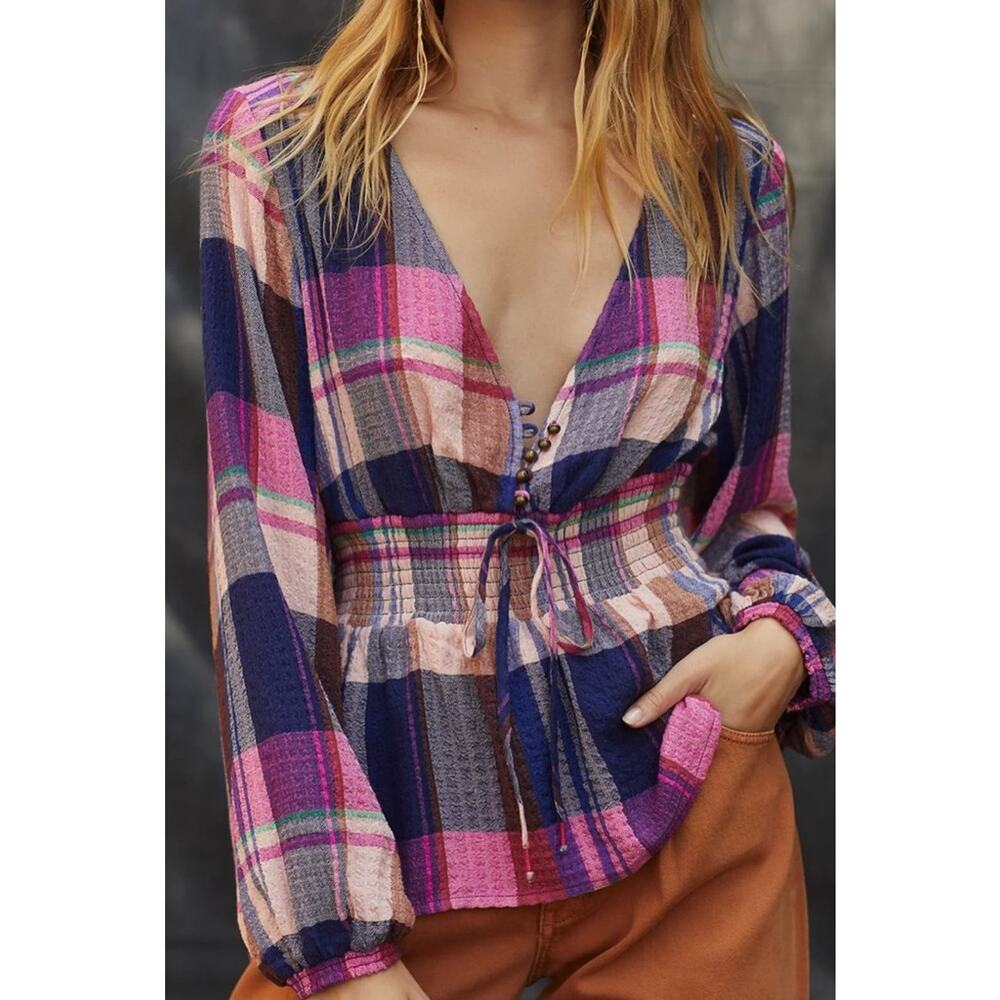 Anthro Pilcro Plaid Print Blouse V-Neck Long Sleeves Purple Navy Size Small New